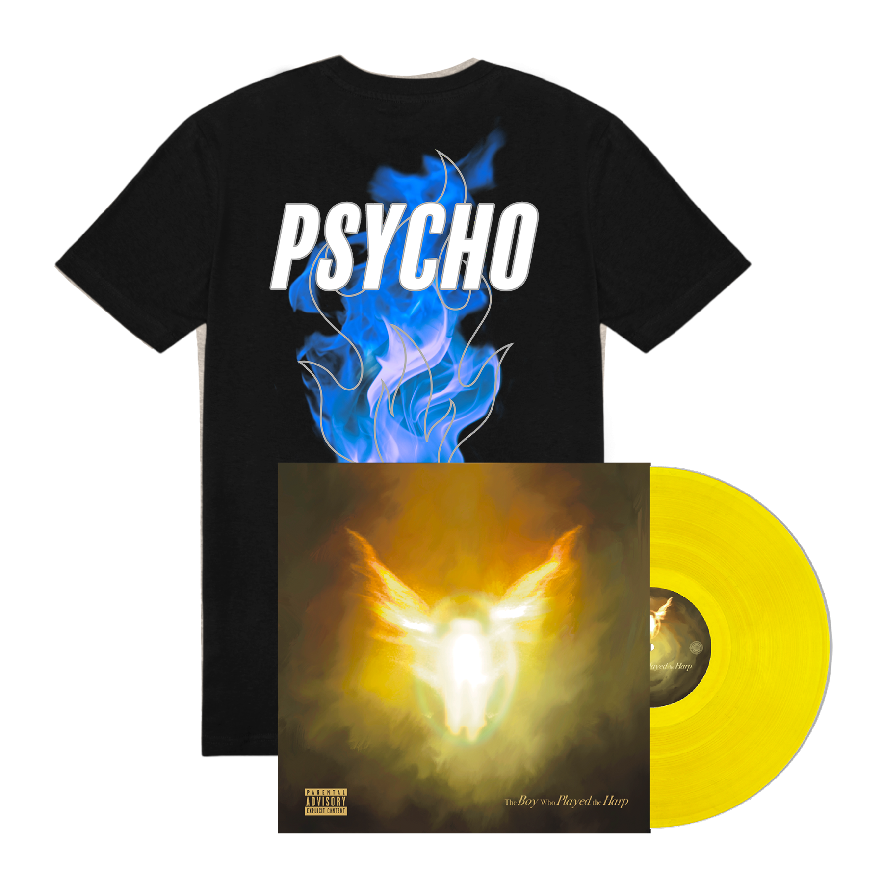Dave The Boy Who Played the Harp Yellow 2LP Vinyl + Psycho 3M Blue Flame Black Tee Bundle 425650